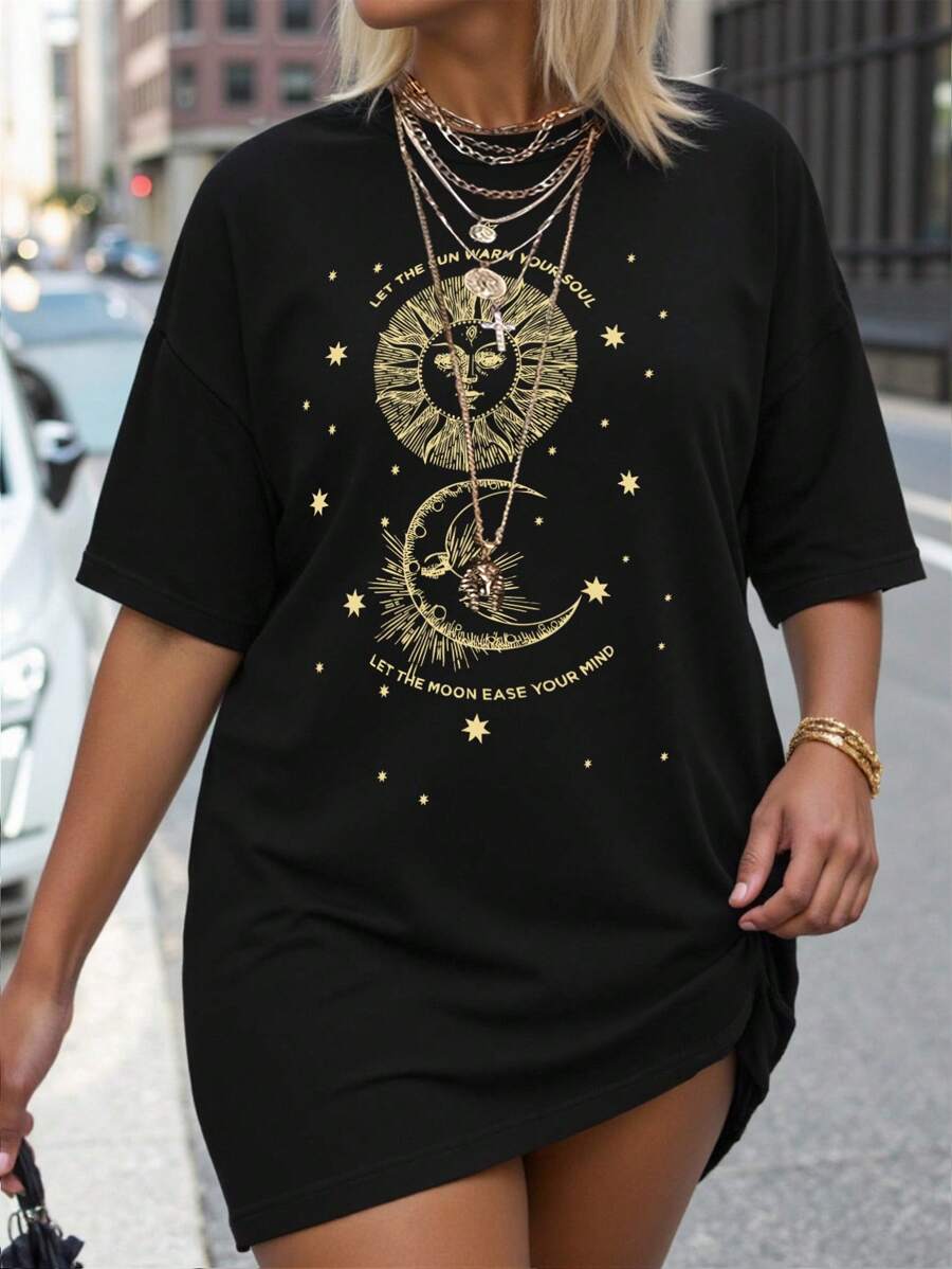 SHEIN LUNE 加大码日月标语印花T恤女款图案T恤上衣 - 黑色 - 查看 1