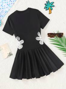 SHEIN Leap Crew 青少年女童黑色撞色白色腰部镂空夏季休闲度假沙滩针织短袖开衫拉链连体泳衣