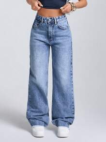 EURMUSE Pantalones vaqueros rectos de ajuste relajado y lavados, para uso casual de todos los días - Azul lavado medio - Ver 5