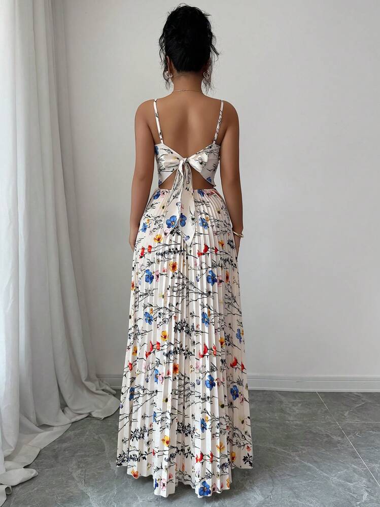 Elenzga Summer Elegant Floral Print Pleated Tie-Up Backless Dress - Multicolor - View 2