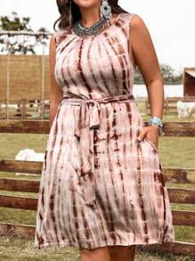 EMERY ROSE Sukienka damska w dużym rozmiarze z nadrukiem tie-dye, kieszeniami i bez rękawów, na co dzień, letnia - Turkusowy - Zobacz 1