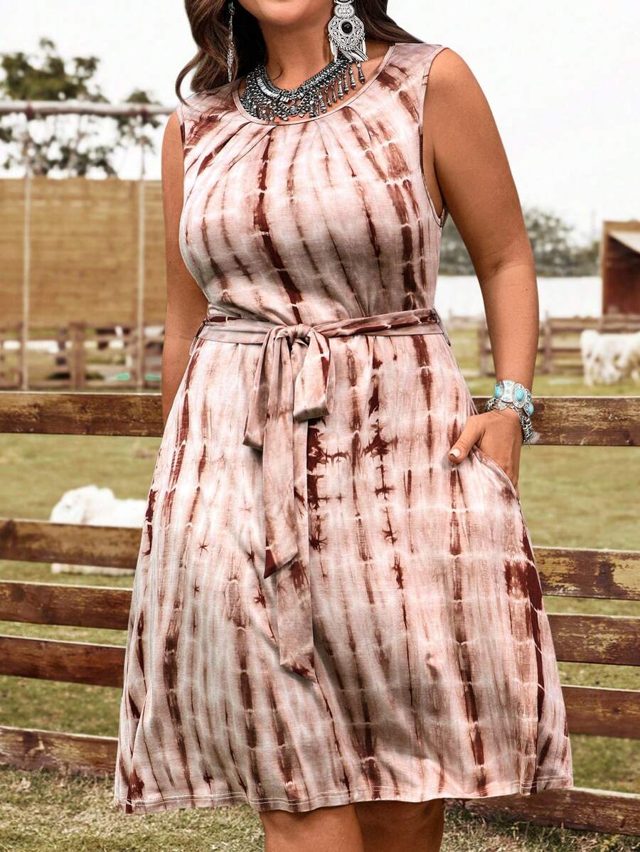 EMERY ROSE Sukienka damska w dużym rozmiarze z nadrukiem tie-dye, kieszeniami i bez rękawów, na co dzień, letnia - Turkusowy - Zobacz 1