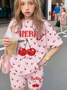 SHEIN Leap Crew 2 件套青少年女孩休闲简约短袖宽松 T 恤和紧身裤套装，适合夏季 - 彩色 - 查看 1