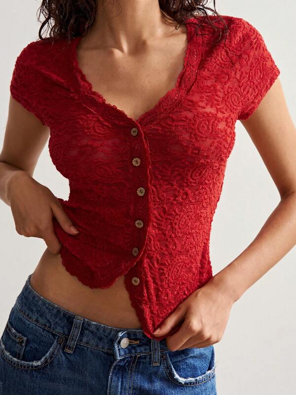 Bohemela Solid Color Knitted Lace Short Sleeve V-Neck Fitted Women Top