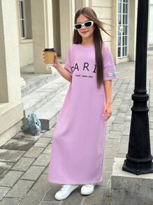 Váy suông rộng rãi in chữ màu tím nhạt cho bé gái tuổi mới lớn, thoải mái và đa năng cho mọi ngày và mọi dịp - Màu tím hoa cà - Xem 4