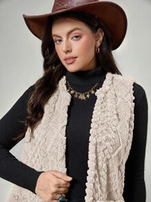 SHEIN LUNE Áo vest nữ cỡ lớn, thường ngày, có họa tiết lông xù, túi đôi, mở phía trước, thích hợp cho mùa thu, quần áo thu cỡ lớn, áo vest nữ, áo vest lông xù, áo vest lông giả, áo len cardigan không tay - Màu Khaki - Xem 4