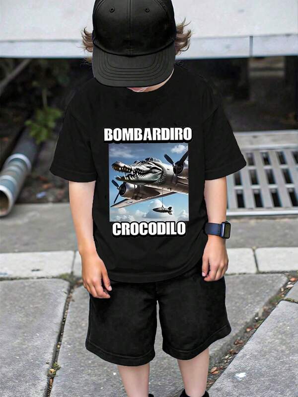 1 Set Young Boys Casual Fashionable Comfortable Minimalist Letter, Crocodile, Airplane Graphic Short Sleeve T-Shirt And Shorts Outfit, Summer Fun Clothing
