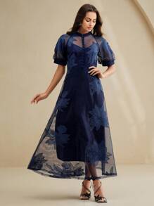 Anewsta Vestido elegante com manga bufante bordado casual para férias feminino