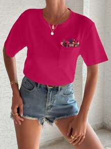 EURMUSE 100%Cotton T-Shirt With Flower Embroidery, Round Collar, Pocket Details - Hot Pink - View 3