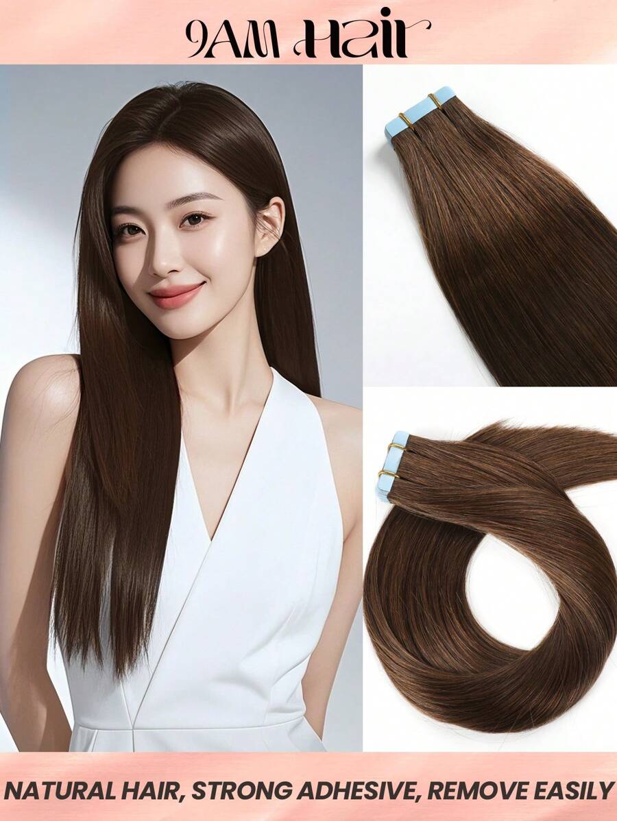 Extensiones de cabello humano color marrón chocolate #4, extensiones de cabello humano real Remy en cinta adhesiva, invisibles y sin costuras, extensiones de cabello humano con cinta adhesiva - S4 - Ver 1