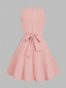 Elenzga 大码女式休闲优雅度假风格甜心领交叉蝴蝶结荷叶边无袖迷你连衣裙 - 粉色 - 查看 2