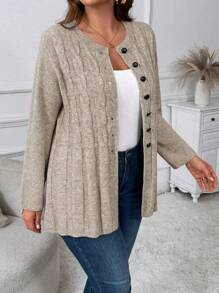 Plus Size Women Cable Flower Pattern Long Sleeve Single-Breasted Casual Cardigan Winter Fall Autumn - Khaki - View 5