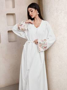 Al Najma Women's Sequin Embroidery Flare Sleeve Belted Abaya - White - View 3