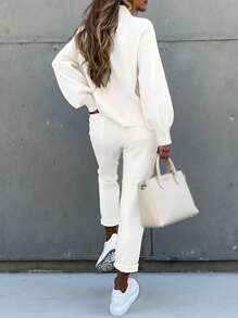 SHEIN LUNE 2pcs/Set Women's Round Neck Long Sleeve Letter Print Casual Top And Long Pants - White - View 2