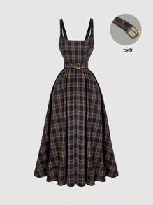 SHEIN MOD 格子吊带连衣裙女，休闲优雅收腰无袖连衣裙 - 彩色 - 查看 1