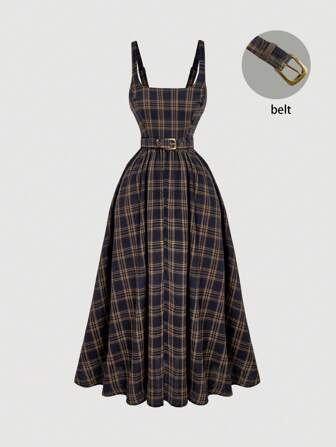 SHEIN MOD Ekose Askılı Elbise Kadın, Rahat, Zarif Belden Belirgin Kolsuz Elbise