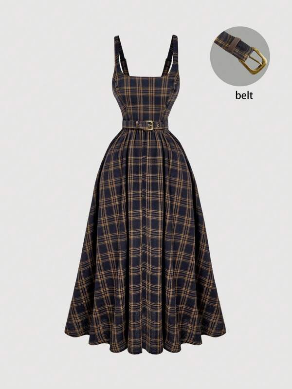 SHEIN MOD Vestido de mujer con tirantes de cuadros, informal y elegante con la cintura definida y sin mangas