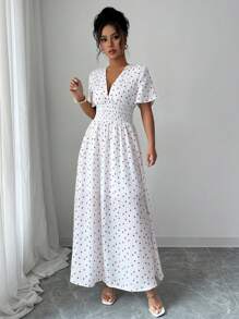 Elenzga Vestido largo con cordón, escote profundo y plisado, con estampado de corazones, para mujer de verano - Blanco - Ver 8
