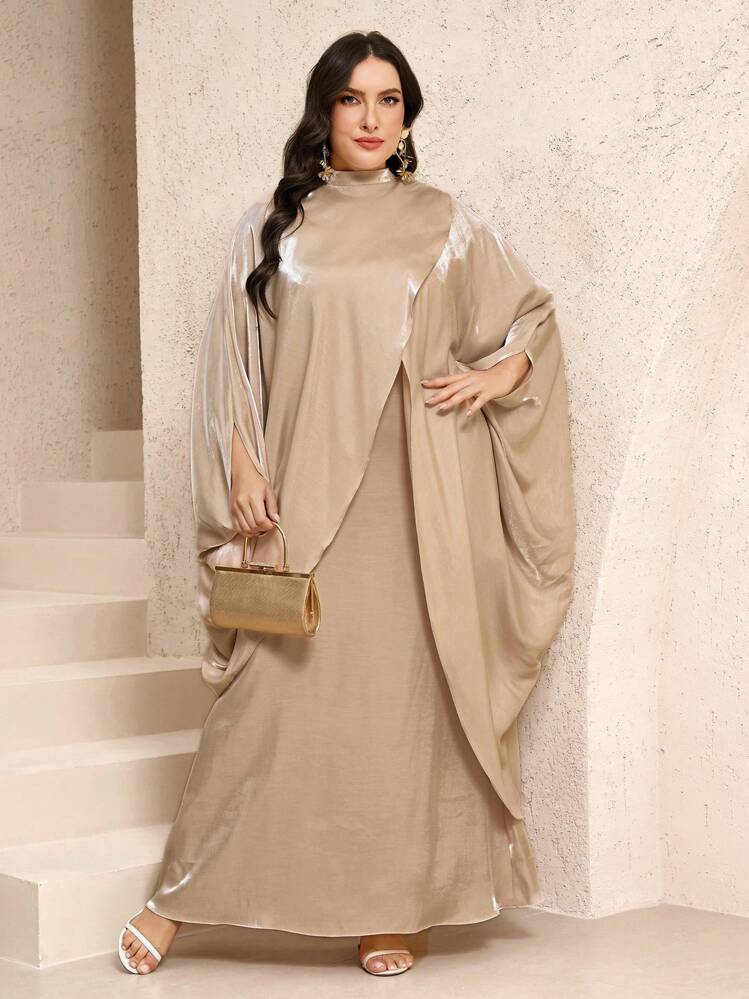 Veilorie Gaun Maxi Acara Istimewa Sederhana Saiz Besar Dalam Kolar Berdiri Emas Apricot Lengan Panjang Dan Pakaian Rekaan Kain Tenun Elegan Dengan Cape - Aprikot - Lihat 4