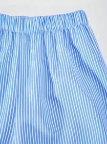 2 件套青少年女孩条纹图案吊带背心，配有松紧腰直筒裤套装，夏季休闲工作服 - 藍色 - 查看 3