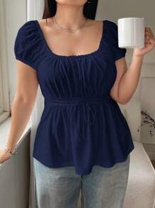 Solflare Plus Size Navy Blue Hollow Out Semi-Sheer T-Shirt, Summer,Back To School , Square Neck Top - Navy Blue - View 5