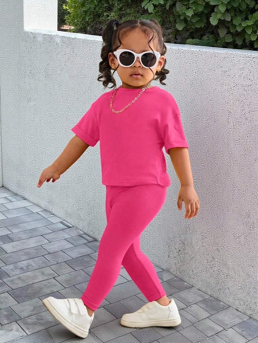 Bubblio 女婴紫红色短袖 T 恤和松紧腰裤套装，休闲时尚服装 亮黄色休闲时尚服装 - 玫紅色 - 查看 1