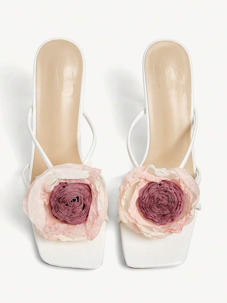 CUCCOO CHICEST Women's Floral 3D Strap Square Toe Stiletto Heels, Elegant Romantic White Faux Leather High Heel Sandals For Ladies, Ideal For Afternoon Tea, Dates, Parties, Vacations, Beach