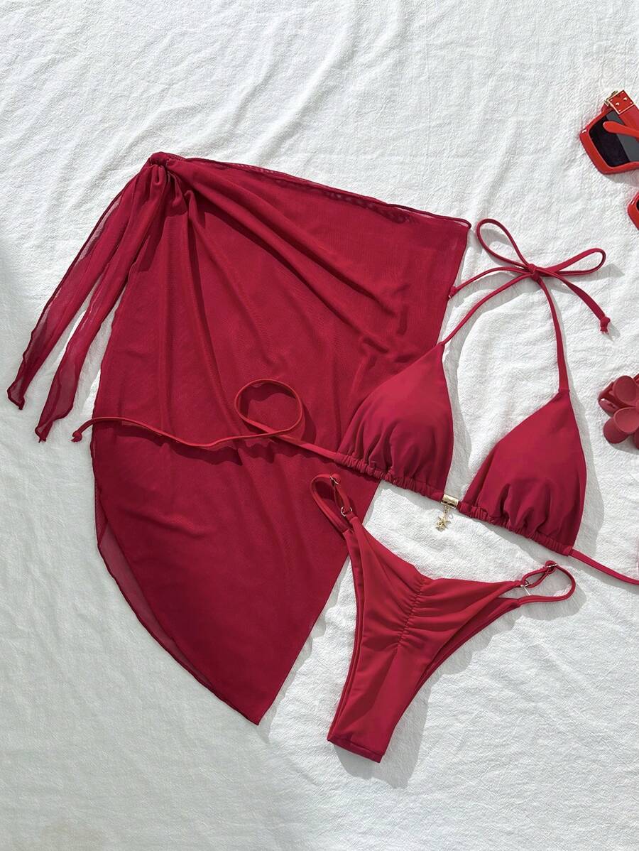 Swim Vcay Bộ 3 Bikini Nữ Mùa Hè Mới Màu Trơn Halter Kim Loại Trang Trí Đầm Đi Biển Đồ Bơi Gợi Cảm - Đỏ - Xem 1