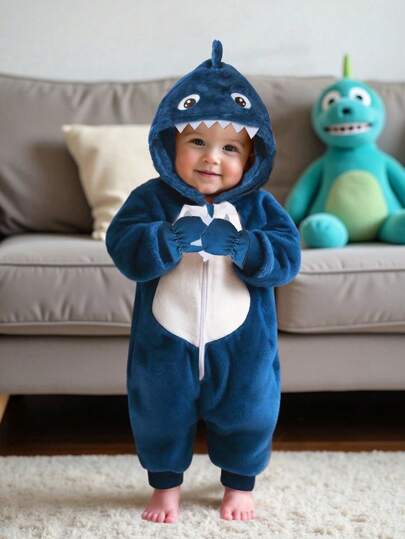 SHEIN Playful Pals 2pcs Baby Boy Fleece Monster Claw Color Blocked Long Sleeve Hooded Jumpsuit And Mittens Set, Blue & White Baby Boy Shark Clothes Baby Costume Boy Baby Animal Costume Funny Baby Costume Baby Boy Costume Fall Winter