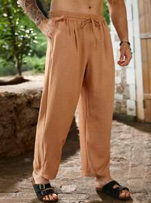 Manfinity Homme Men Plus Casual Loose Pants With Drawstring Waist, Suitable For Summer, Fall - Orange - View 1