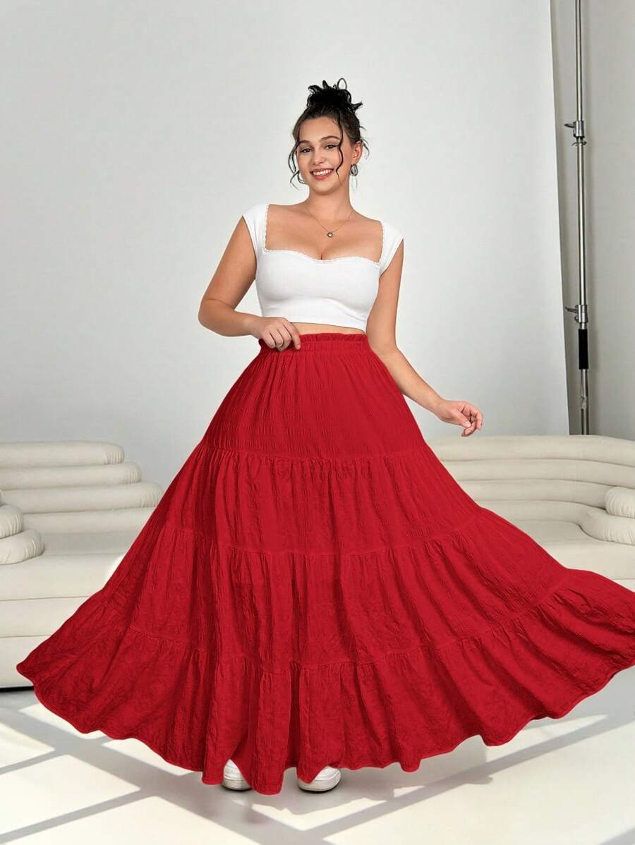 SHEIN EZwear 情人节大码女款红色褶皱半身裙