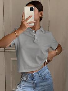 Livesso Women's Loose Casual Solid Color Polo Collar Short Sleeve T-Shirt Gray Tops Cropped Shirts Collared Shirt Gray Top Solid Color Tops Gray Cropped Polo Shirt Gray Collared Shirt Cropped Polo Top Solid Gray Top