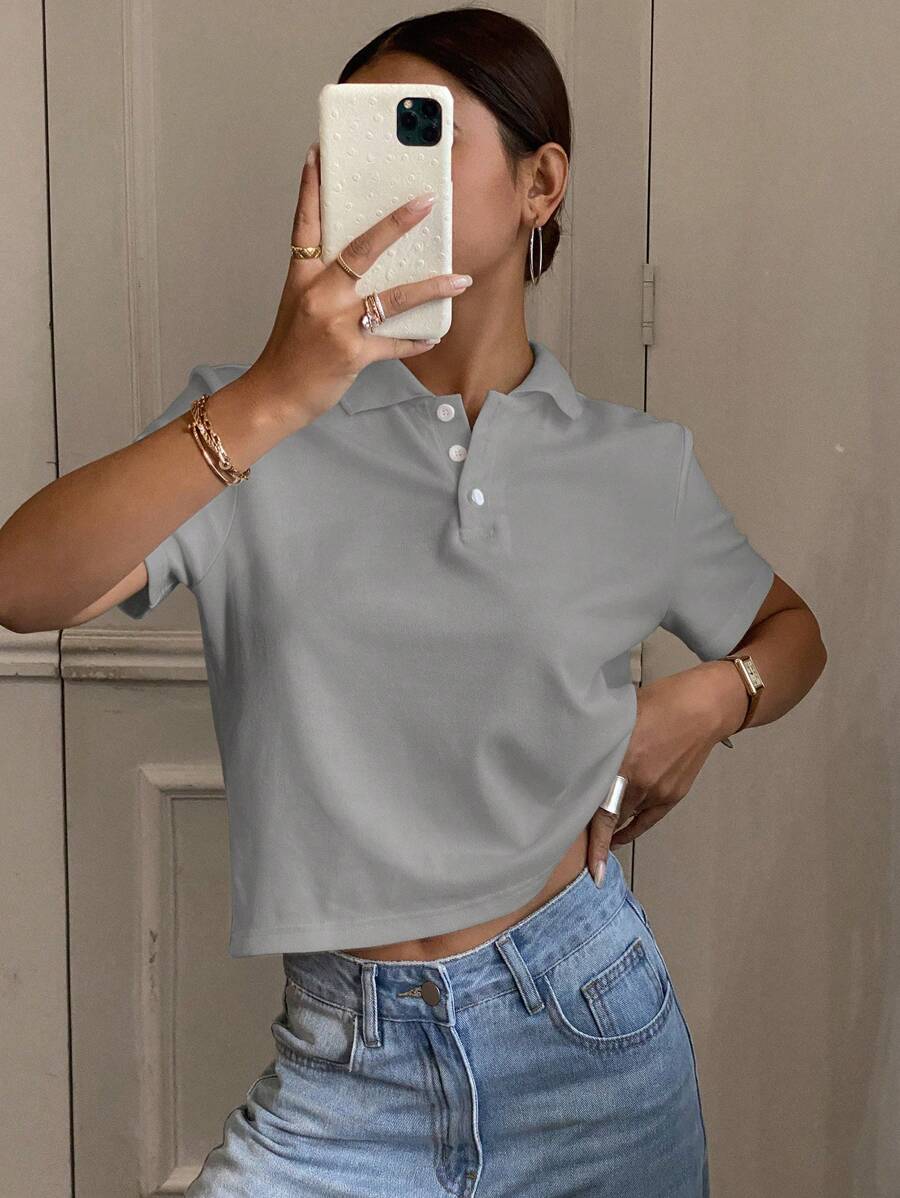 Livesso Women's Loose Casual Solid Color Polo Collar Short Sleeve T-Shirt Gray Tops Cropped Shirts Collared Shirt Gray Top Solid Color Tops Gray Cropped Polo Shirt Gray Collared Shirt Cropped Polo Top Solid Gray Top