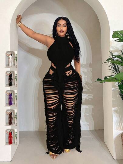 Maweii 大码女式毛衣套装纯色白色吊带背心+破洞流苏性感裤休闲性感派对针织套装度假夏季女装