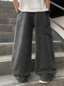 SHEIN Tween Boy 休闲街头风格星星图案刺绣保暖内衬直筒慢跑裤，适合通勤、上学、日常休闲、运动装，四季皆宜 - 黑色 - 查看 2