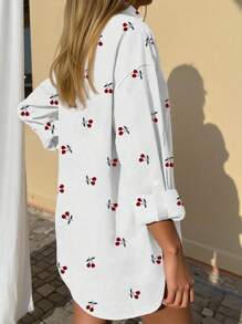 INAWLY Áo thun nữ in họa tiết quả anh đào đi nghỉ thường ngày - trắng - Xem 2