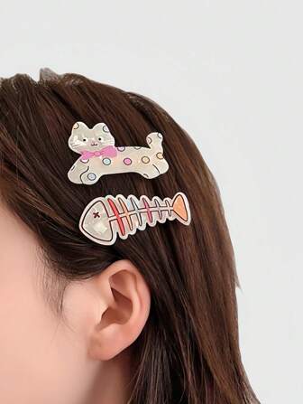 Kawaii Fermagli per capelli in acrilico a forma di gatto e pesce, fermagli per capelli a forma di lisca di pesce colorati e dolci per ragazze, accessori per capelli