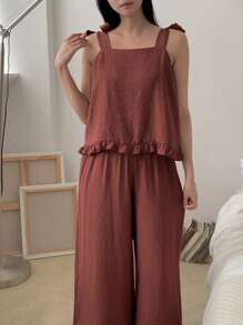 DAZY 女士简约纯色荷叶边下摆吊带背心和裤子睡衣套装，家居服 - 棕色 - 查看 7