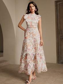 Anewsta 女士腰部收紧镂空刺绣印花优雅中长度假连衣裙 - 珊瑚橙 - 查看 1