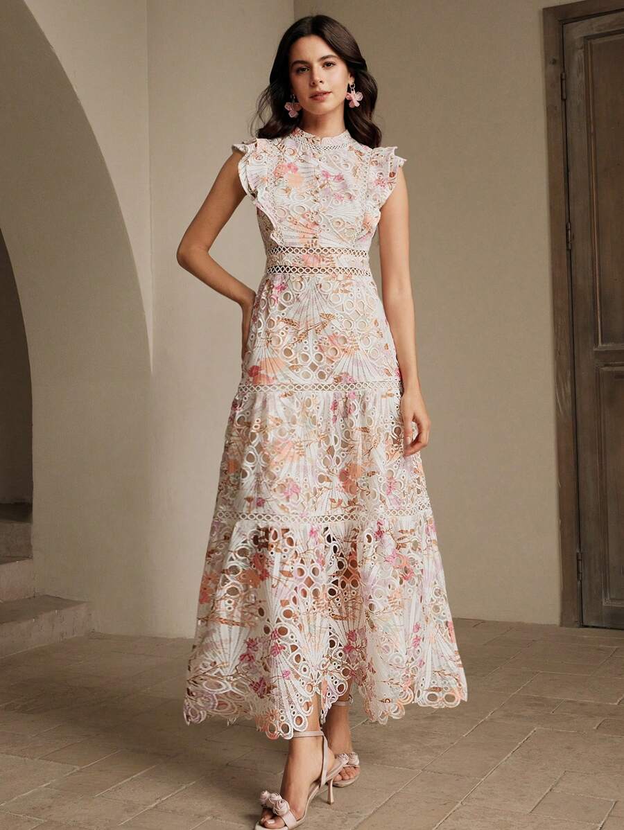 Anewsta 女士腰部收紧镂空刺绣印花优雅中长度假连衣裙 - 珊瑚橙 - 查看 1