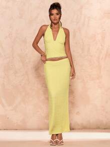 SHEIN BAE 女式黄色露背纹理短款上衣和低腰直筒下摆半身裙，夏季 - 黃色 - 查看 5