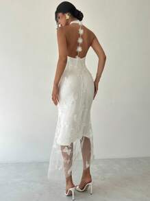 Firerie 女士优雅浪漫精致约会派对节日舞会礼服，蝴蝶 3D 网眼无袖露背白色长裙，毕业礼服 - 白色 - 查看 2