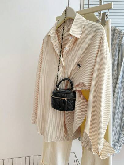 INAWLY 大码休闲通勤日常条纹长袖T恤