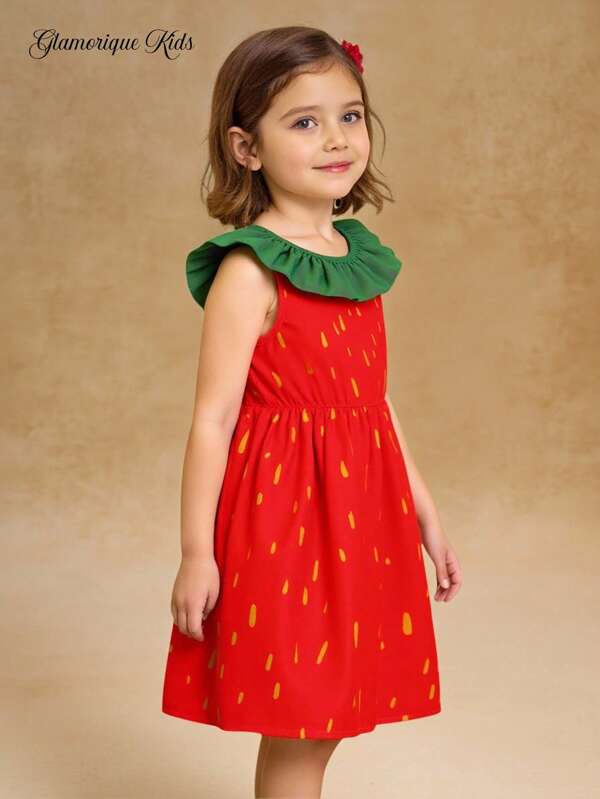 Young Girls Watermelon Printed Chiffon V-Neck Sleeveless Waist Dress With Ruffle Hem, Fresh & Cute Vacation Style, Spring/Summer