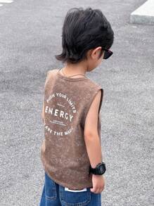 SHEIN Young Boy Letter Print Pattern Washed Loose Knit Casual Top - Brown - View 8