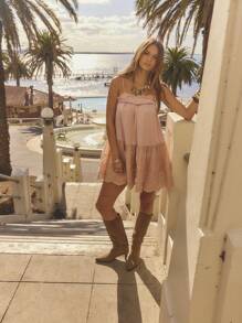 SHEIN Aralina-F Đầm dự tiệc Boho hở eo, thêu ren và vải dệt kim cho kỳ nghỉ đông - Bụi hồng - Xem 3