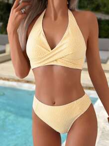 Swim Mod 2 件套女士春假条纹随机印花交叉露背上衣和拼接泳裤，夏季沙滩泳衣 - 彩色 - 查看 4