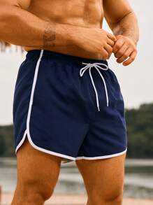 Manfinity Swimmode 男士休闲撞色饰边抽绳腰沙滩短裤，适合夏季、度假 - 藏蓝色 - 查看 4