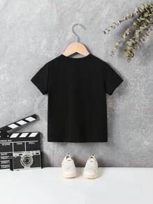 SHEIN Young Boy Casual Minimalist Letter Print Round Neck Short Sleeve T-Shirt, Mommy And Me Matching Outfits (2 Pieces Sold Separately) - Black - View 2