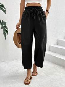 SHEIN Frenchy Quần dài thoải mái, rộng rãi, có dây rút, cạp chun cho nữ vào mùa hè - màu đen - Xem 7